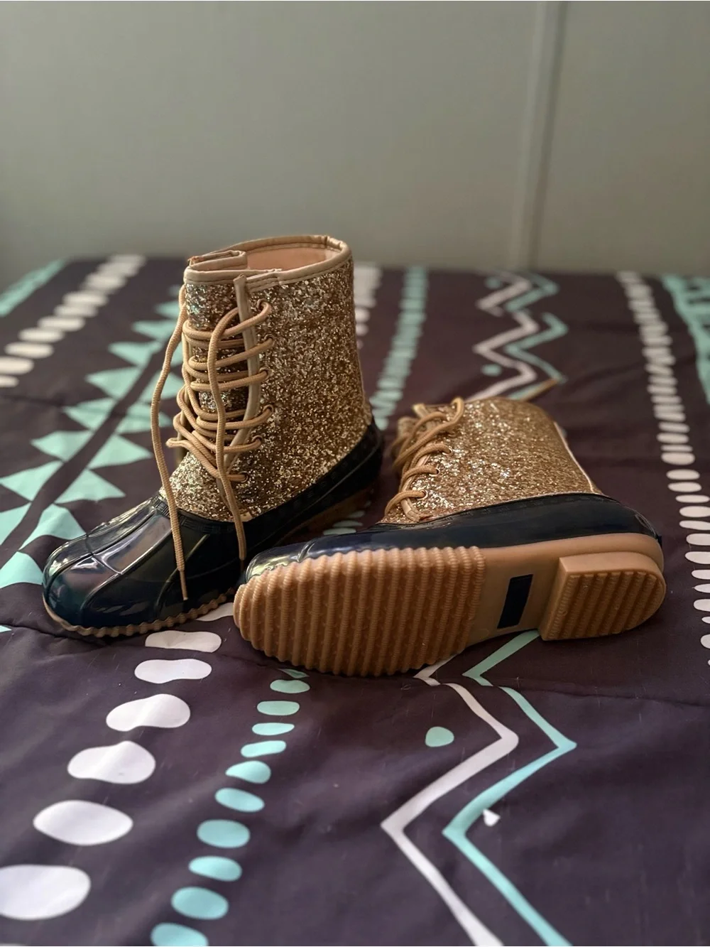 Gold Glitter Duck Boots with Black Rubber Toe